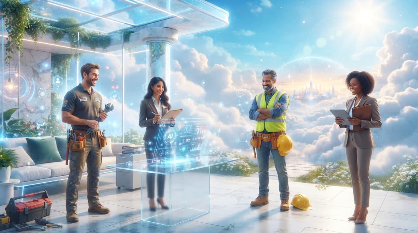 Two tradespeople and two office staff standing together above the clouds, the AI system they share drawn between them as a lit panel of schedules and call data.